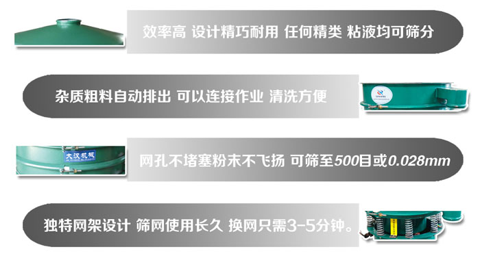 直徑1000mm振動(dòng)篩的特點(diǎn)：效率高，設計精巧耐用，任何精類(lèi)，粘液均可篩分，雜質(zhì)粗料自動(dòng)排出，可以連接作業(yè)，清洗方便。網(wǎng)孔不堵塞粉末不飛揚，可篩至500目或0。028mm篩網(wǎng)使用長(cháng)久，換網(wǎng)只需3-5分鐘。