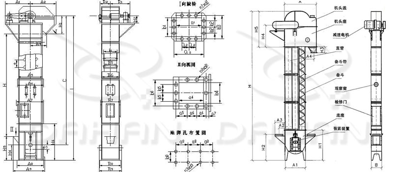 TD/D型斗式提升機基本結構:機頭蓋，機頭座，減速電機，直管，底座，緊張裝置等。