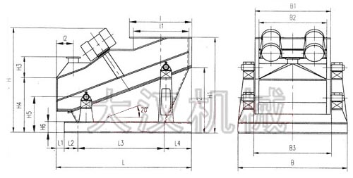 ZSG礦用振動(dòng)篩外形示意圖：B為礦用振動(dòng)篩寬度，L為礦用振動(dòng)篩長(cháng)度。H為礦用振動(dòng)篩高度等。
