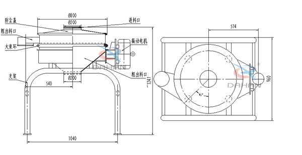 單振源直排篩機構和持續：防塵蓋（mm）：800進(jìn)料口（mm）：200結構;防塵蓋，大束環(huán)，支架，振動(dòng)電機，進(jìn)料口等。