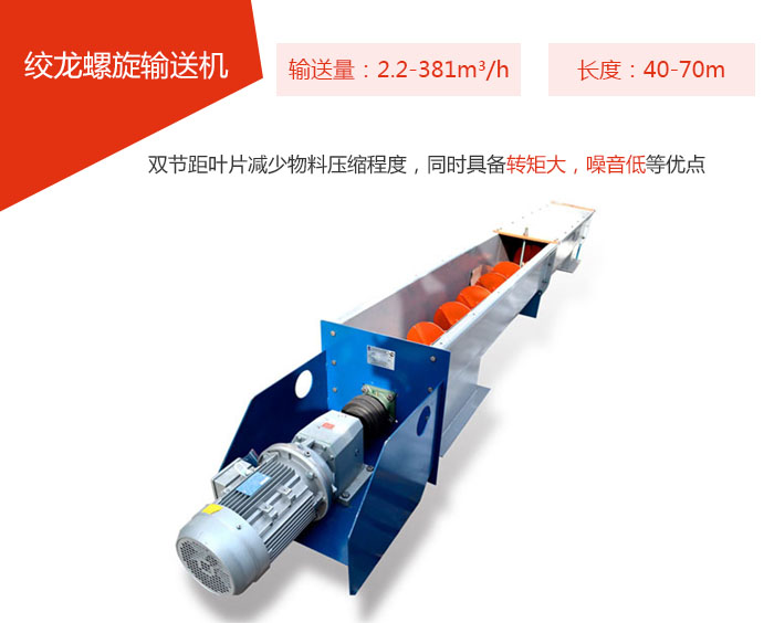 絞龍螺旋輸送機輸送量：2.2-381m3/h 長(cháng)度：40-70m 雙節距葉片減少物料壓縮程度，同時(shí)具備轉矩大，噪音低等優(yōu)點(diǎn)。