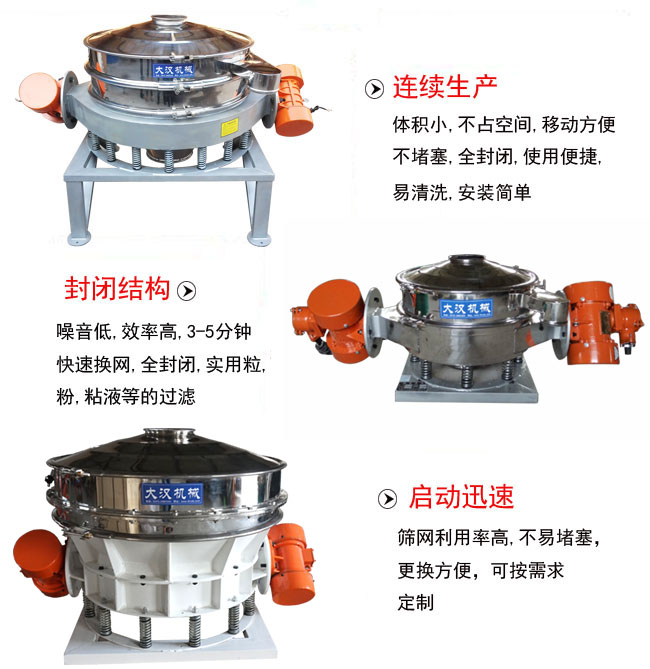 直徑1000mm直排篩特點(diǎn)：連續生產(chǎn)：體積小，不占空間，移動(dòng)方便，不堵塞，全封閉，使用便捷，易清洗，安裝簡(jiǎn)單。封閉結構：噪音低，效率高，3-5分鐘，快速換網(wǎng)，全封閉，實(shí)用粒，粉粘液等的過(guò)濾。啟動(dòng)迅速：篩網(wǎng)利用率高，不易堵塞，更換方便，可按需求定制。