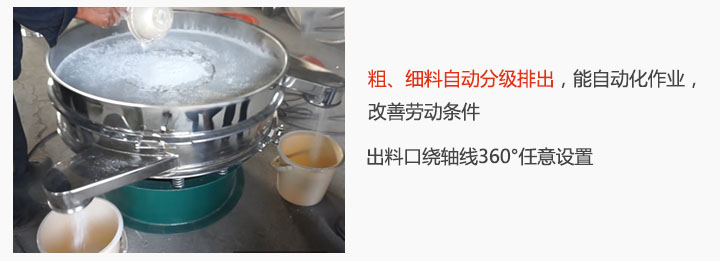 面粉振動(dòng)篩粉機特點(diǎn)：粗、細料自動(dòng)分級排出，能實(shí)現自動(dòng)化作業(yè)，改善勞動(dòng)條件 出料口繞軸線(xiàn)360°任意設置。