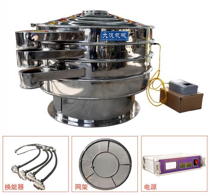  全不銹鋼超聲波振動(dòng)篩內部組成：換能器，網(wǎng)架，電源。